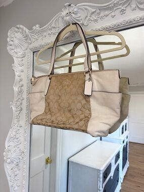 Coach Ava Tote in Signature Monogram Logo Leather Khaki Saddle Handbag